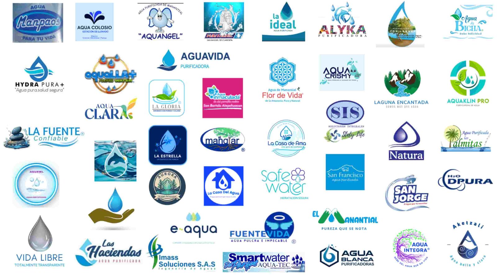 Logos de marcas purificadoras aliadas: Vida Libre, Haciendas, Imass Soluciones, Smartwater, Agua Blanca y más